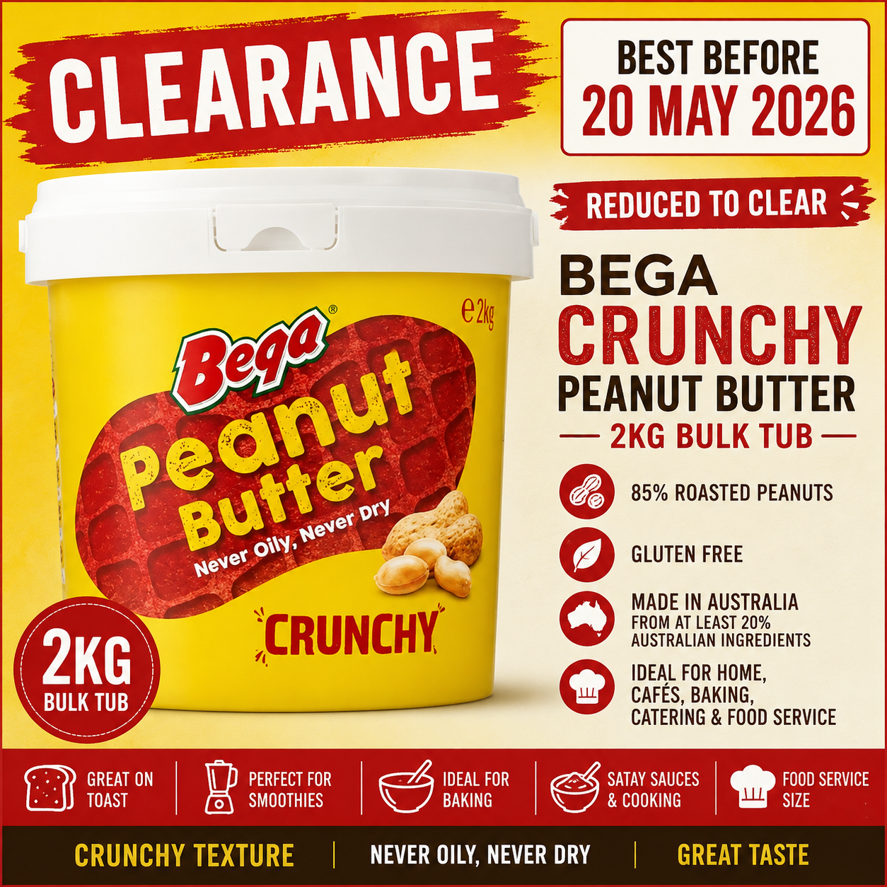 Bega Crunchy Peanut Butter 2kg Bulk Tub – Clearance