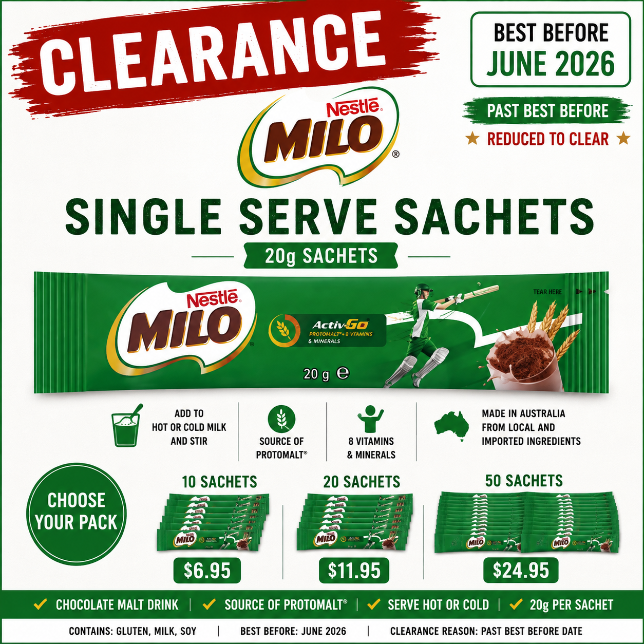 Nestlé MILO Single Serve Sachets 20g – 10, 20 or 50 Pack Clearance