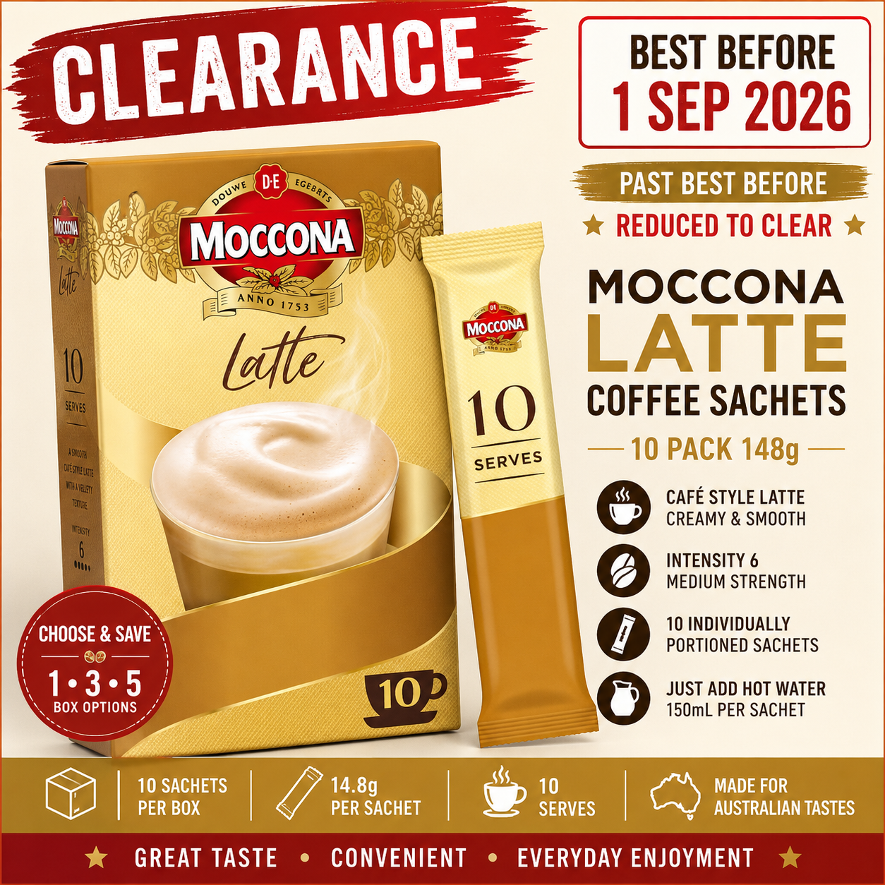 Moccona Café Classics Latte Coffee Sachets 10 Pack 148g – Clearance