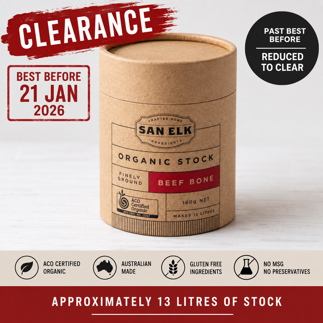San Elk Organic Beef Bone Stock 160g – Past Best Before Clearance