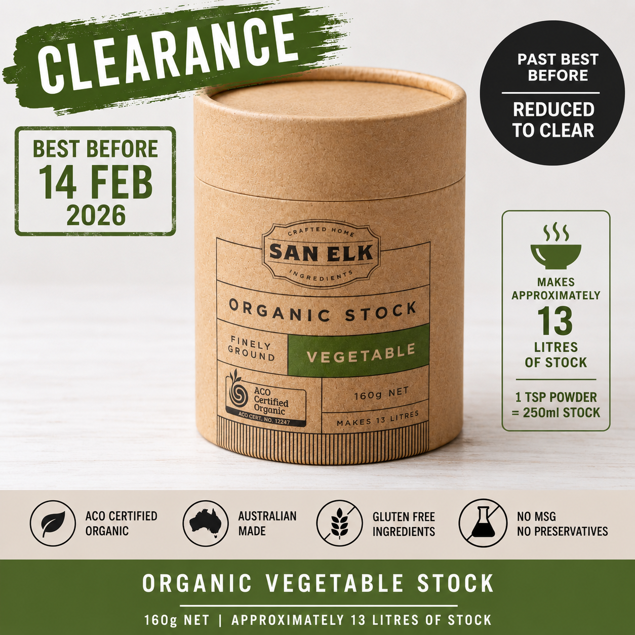 San Elk Organic Vegetable Stock 160g – Past Best Before Clearance