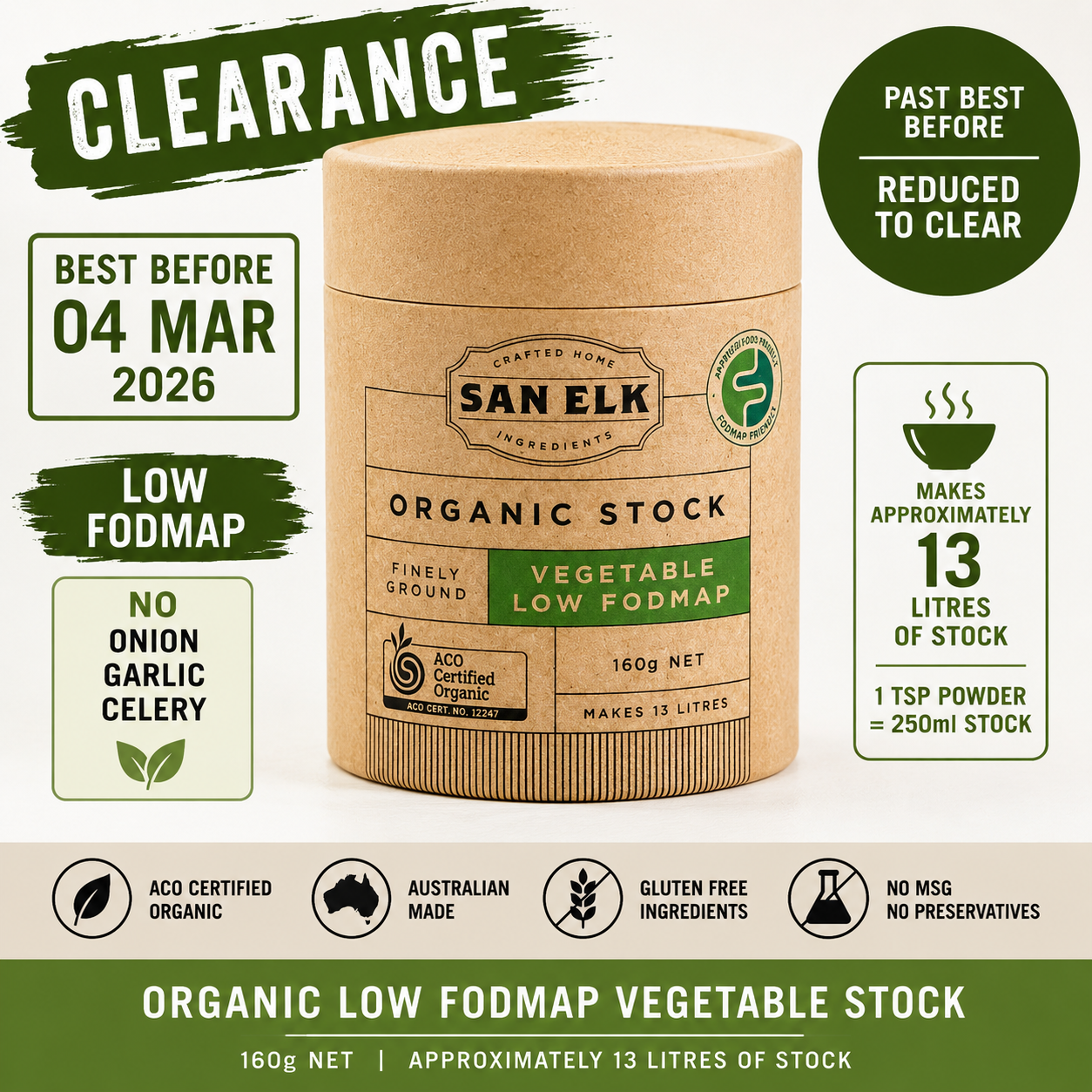 San Elk Organic Low FODMAP Vegetable Stock 160g – Clearance